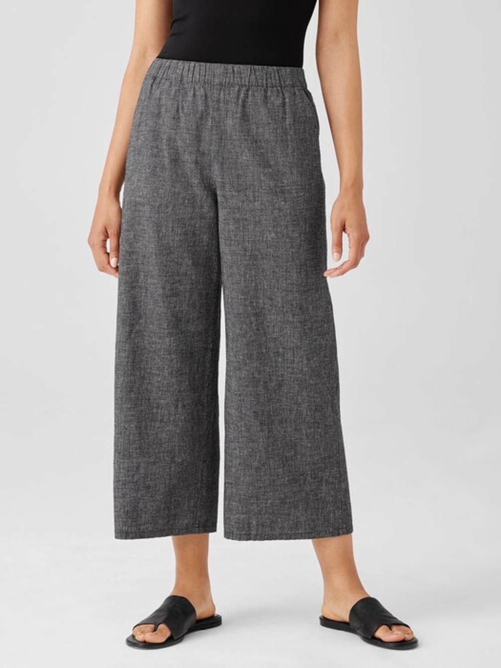 Eileen Fisher Hemp Blend Micro Checked Cropped Wide Leg Pants Sz Medium